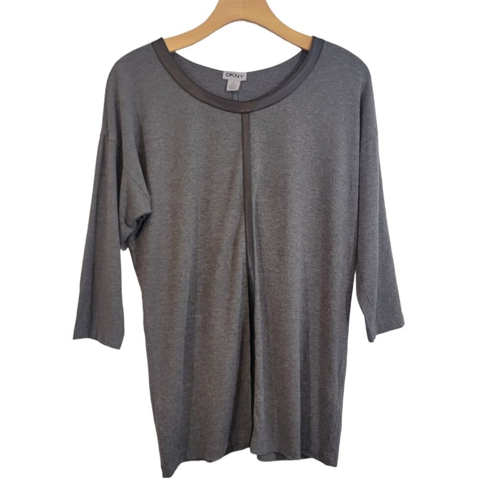 DKNY Top Shirt Gray Black‎ 3/4 Sleeve Faux Leather Trim Womens Size XS Moto
